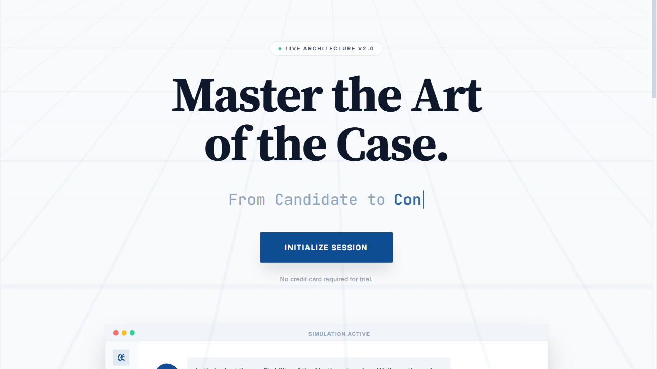 ConsultX public product page showing a white case-interview prep interface.